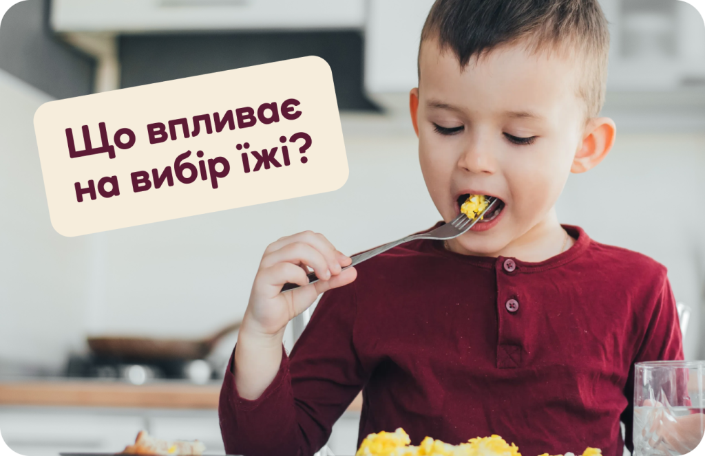 Маленька дитина у бордовій футболці сидить за столом та їсть страву виделкою, на передньому плані тарілка з їжею і склянка води, на зображенні текст: "Що впливає на вибір їжі?".